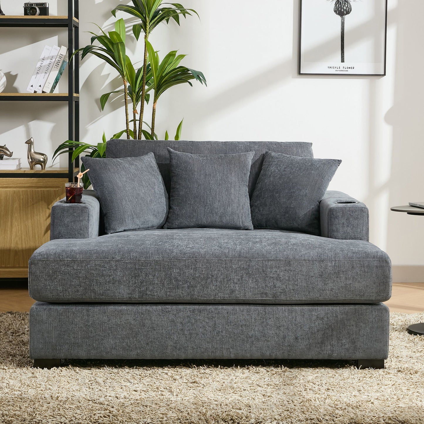 Oversized Chaise Lounger Modern Style Sofa Couch With Pillows, Charge Station & Cup Holders