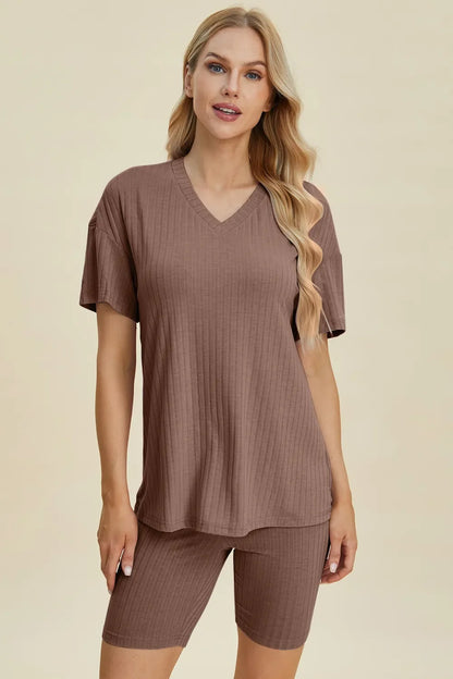 Plus Size Ribbed V-Neck Top & Shorts Set