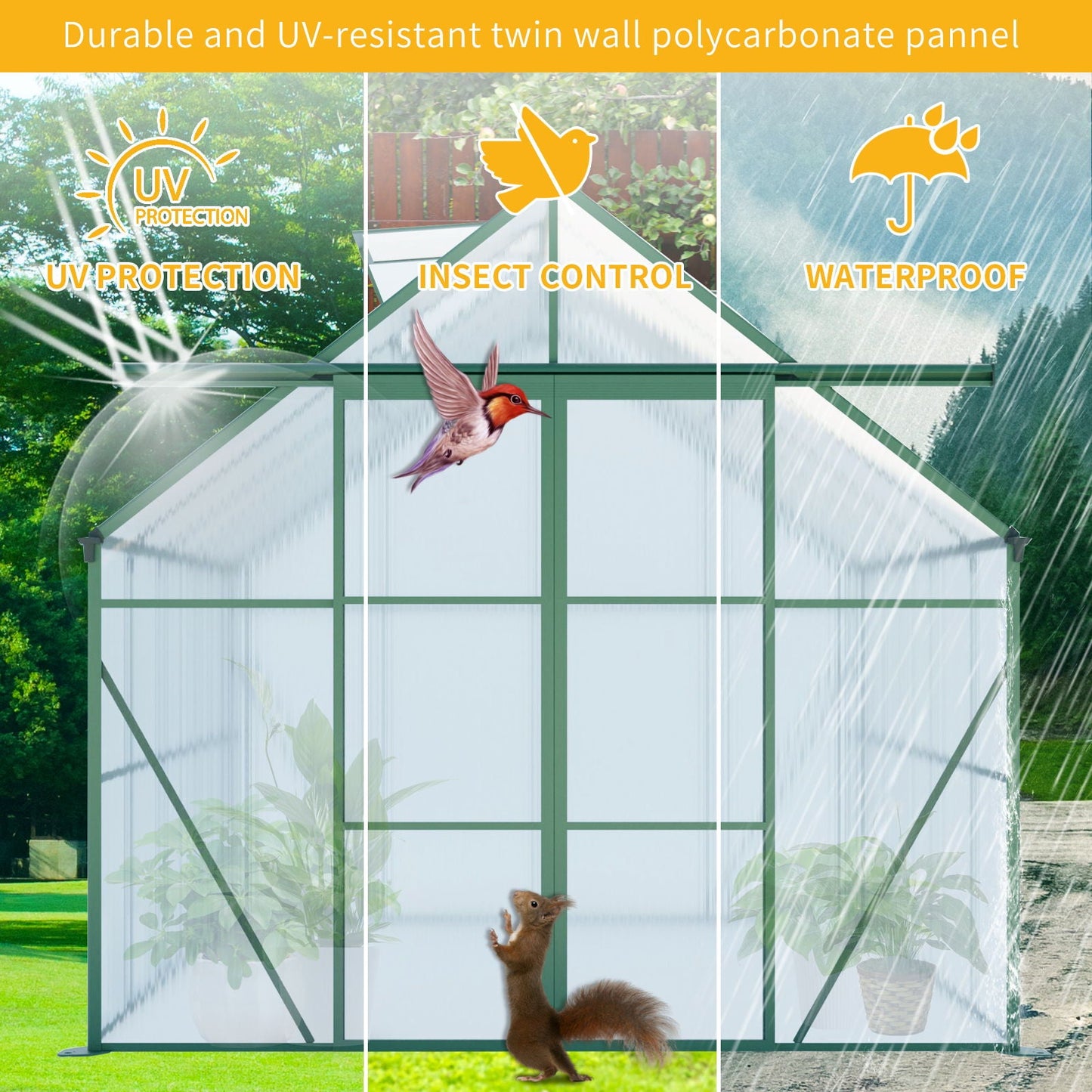 Double Door Polycarbonate house Raised Base And Anchor Aluminum Heavy Duty Walk In houses For Outdoor Backyard In All Season