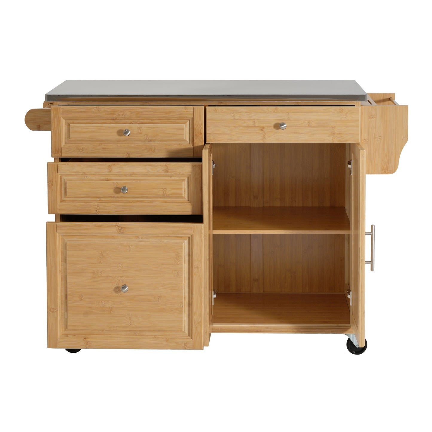 Indoor Bamboo Rolling Kitchen Island with Stainless Steel Top