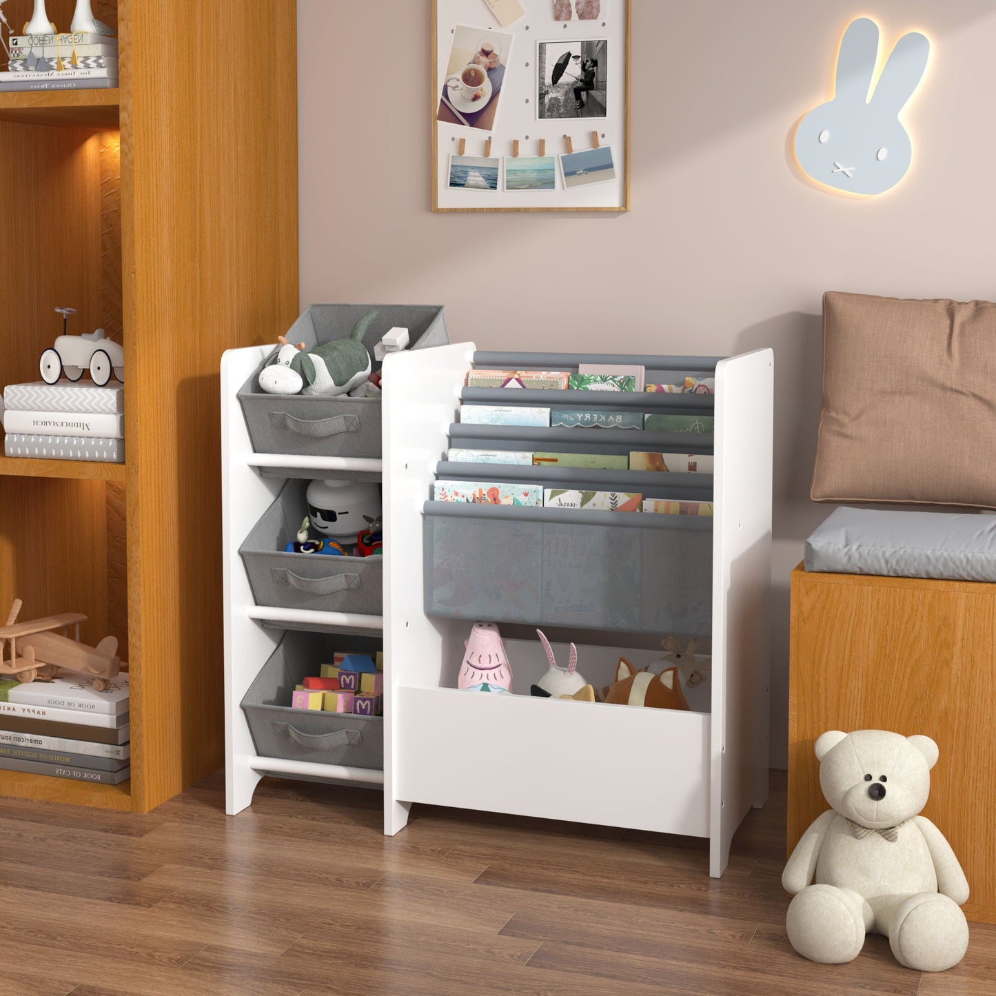 Bookshelf And Toy Storage Organizer, Multifunctional 4 Tier With 3 Collapsible Drawers - White