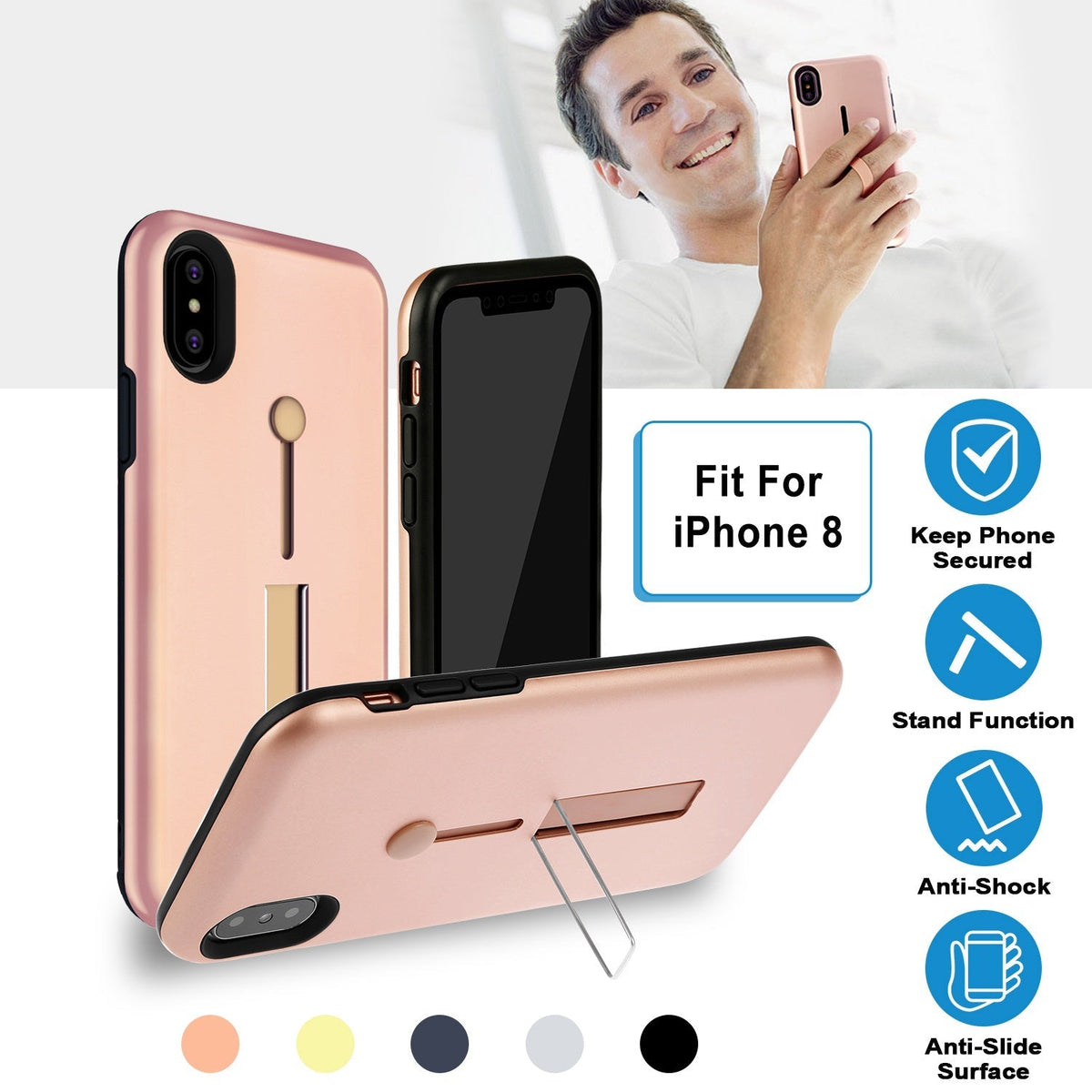Finger Strap Phone Case for iPhone  8 Drop-prot ection Finger Ring Rugged Phone Case with Kickstand Dual Layer Case