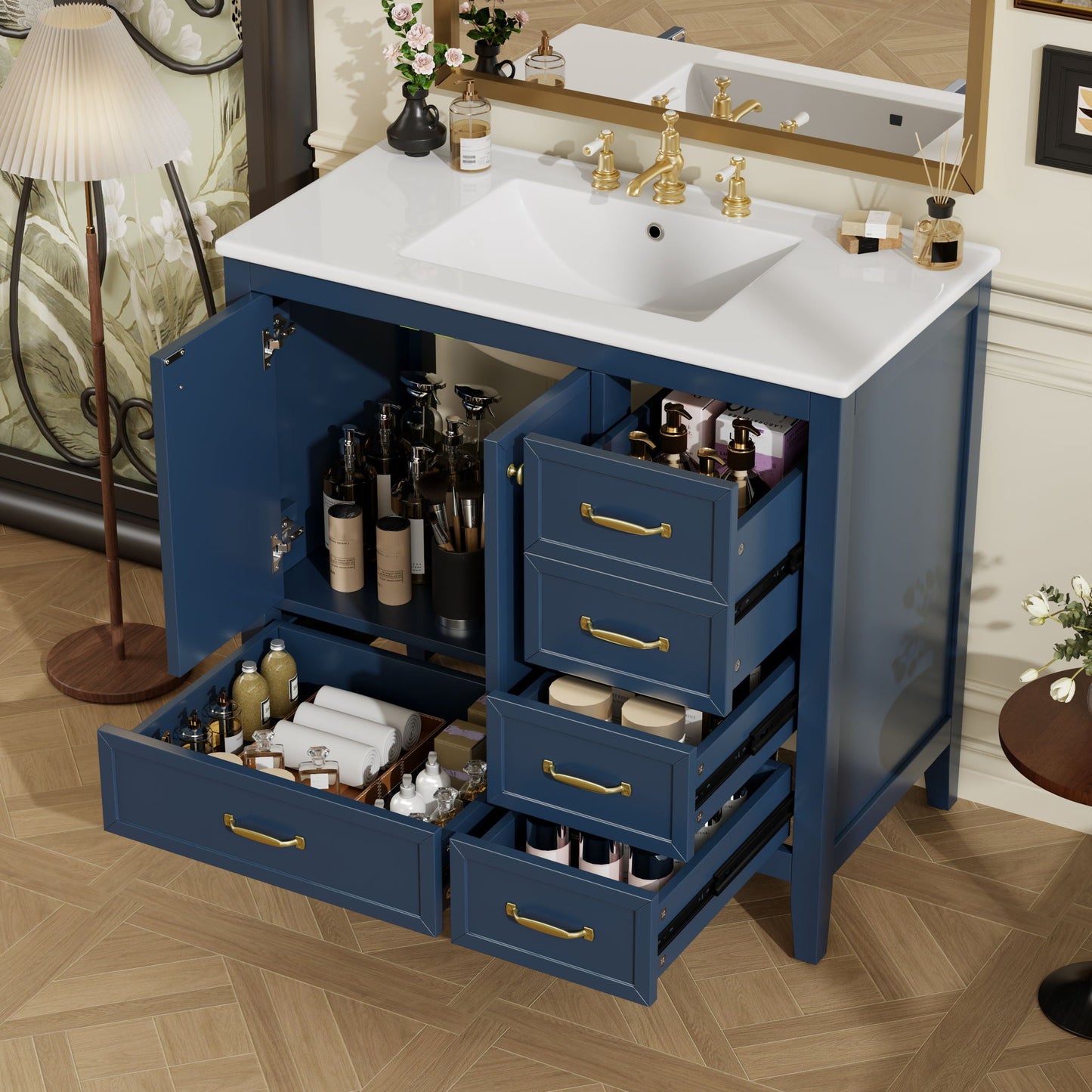 Elegant Vintage Bathroom Vanity With Sink and Soft Closing Drawers