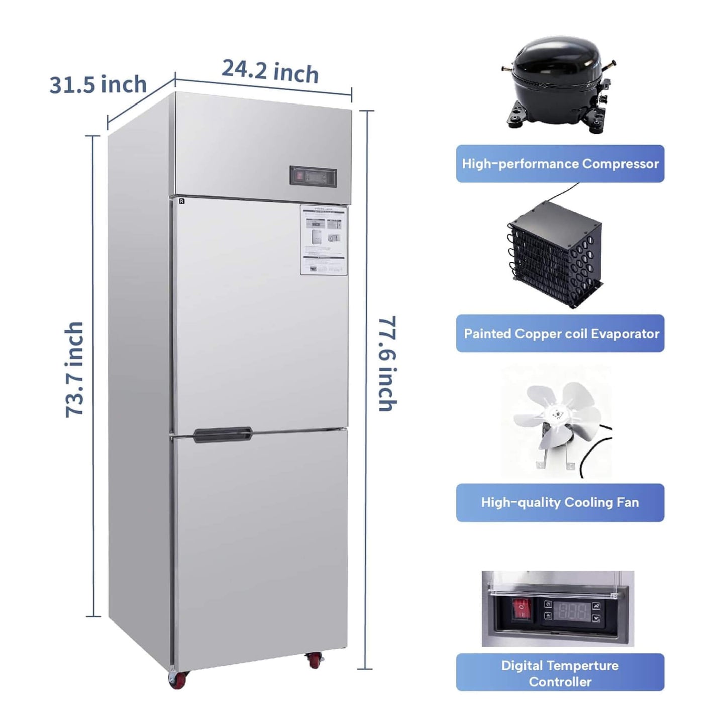 24-Inch Commercial 15 Cu.Ft Stainless Steel Reach-In Refrigerator With Two Split Doors (SAK67230)