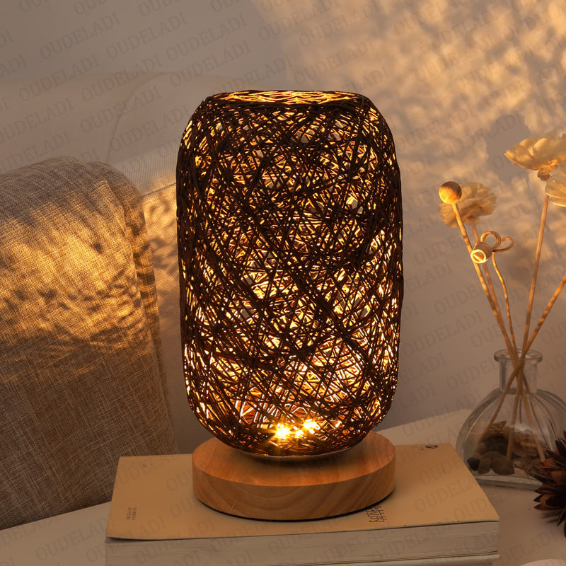 Rechargeable Solid Wood Twine Takraw Table Lamp