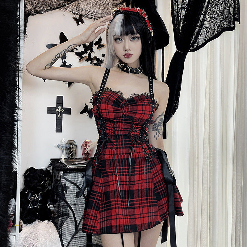 Dark Red Plaid Hot Girl Sling Design Sense Dress