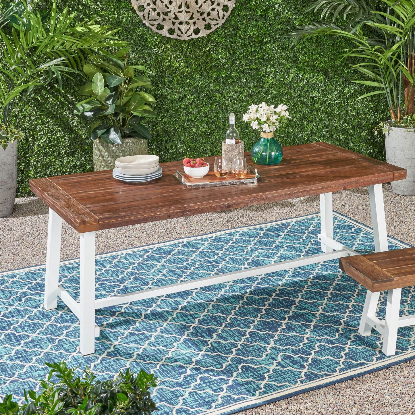 Equilibrium Outdoor Dining Table with Wooden Frame and Slat Top