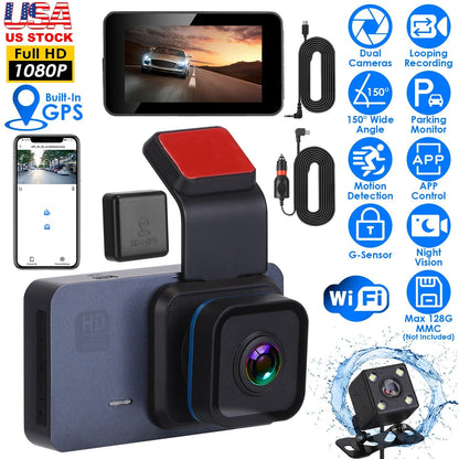 1080P Dual Lens Dash Cam Vehicle Driving Recorder Car DVR with WiFi GPS G-Sensor APP Control Motion Detection Parking Monitor Night Vision