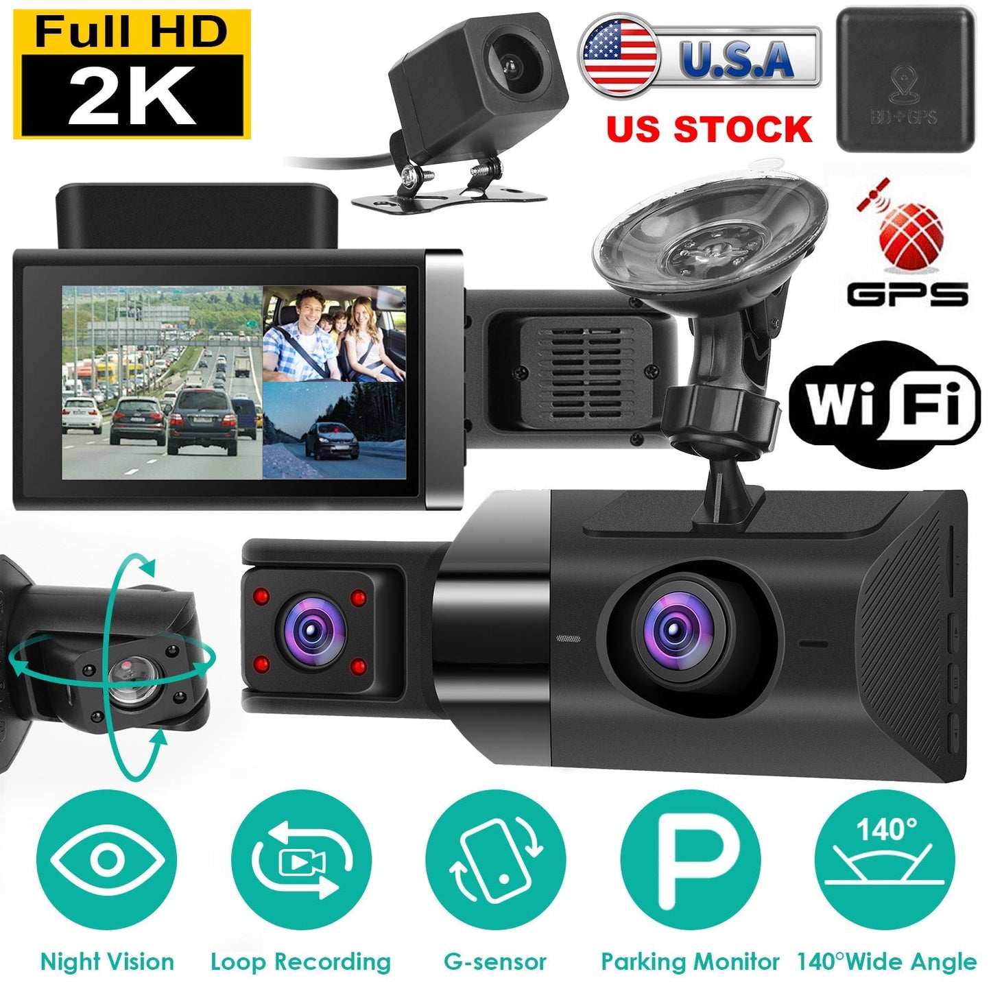 2K Car DVR 3 Channel Dash Cam Camcorder Camera Recorder with 140¡ Angle GPS WiFi Night Vision G-sensor Loop Recording Parking Monitor