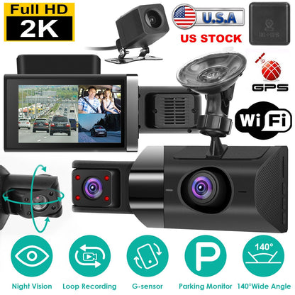 2K Car DVR 3 Channel Dash Cam Camcorder Camera Recorder with 140¡ Angle GPS WiFi Night Vision G-sensor Loop Recording Parking Monitor