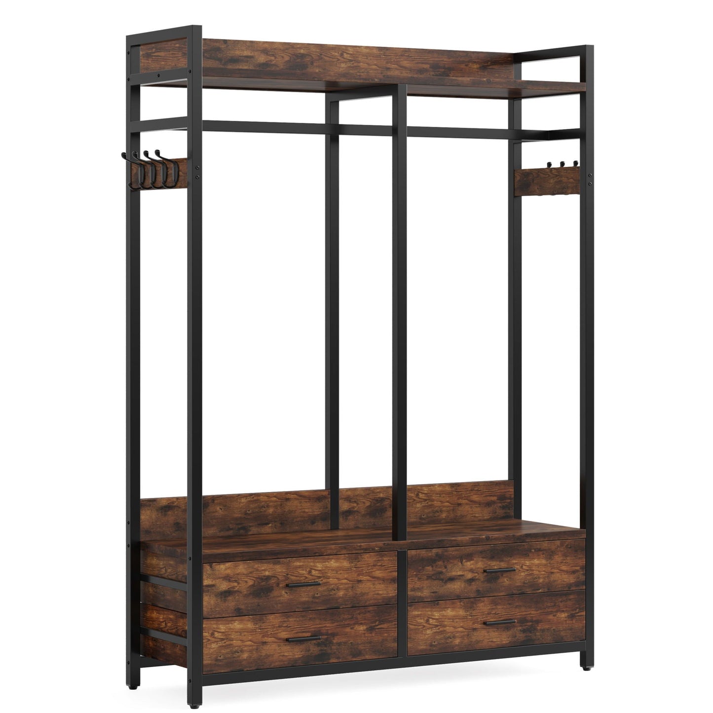 Freestanding Closet Organizer With 4 Drawers, 8 Hooks, Shelves, And Hanging Rod - Brown / Black