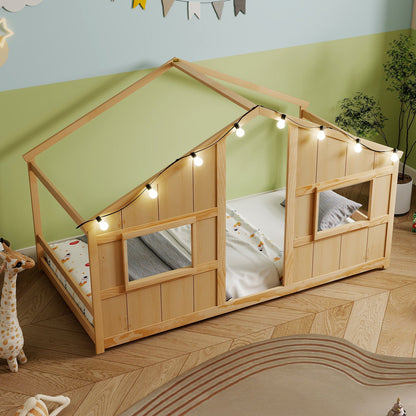 Twin Size House Bed with LED Lights Montessori Slat-free Floor Bed