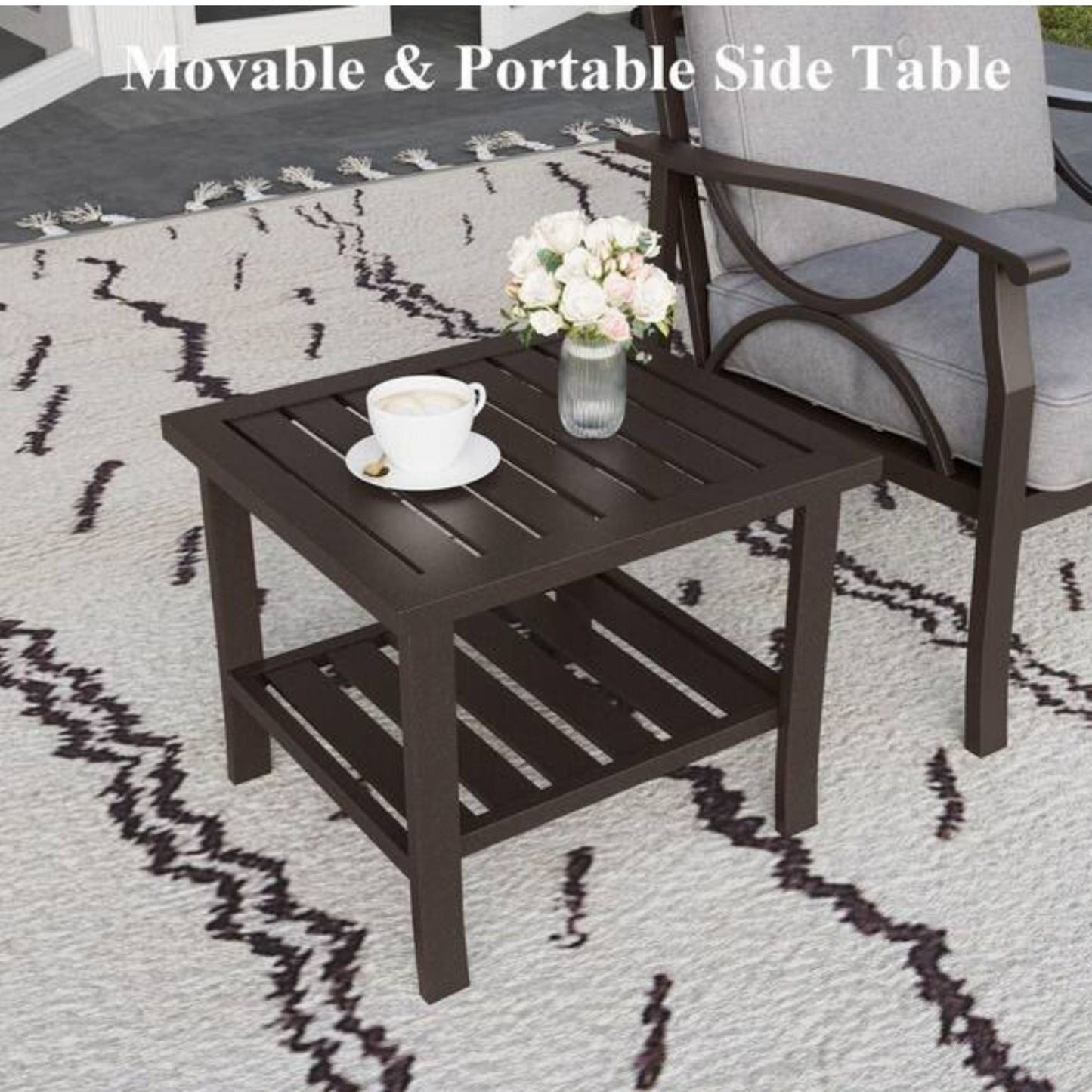 Square 2 Tier All-Weather Outdoor Side Table With Slatted Top