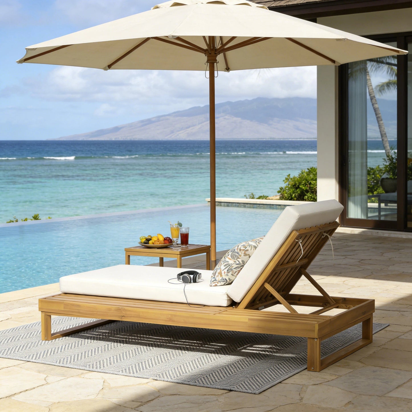 Teak Finish Acacia Wood Chaise Lounge with 4-Inch Cushion
