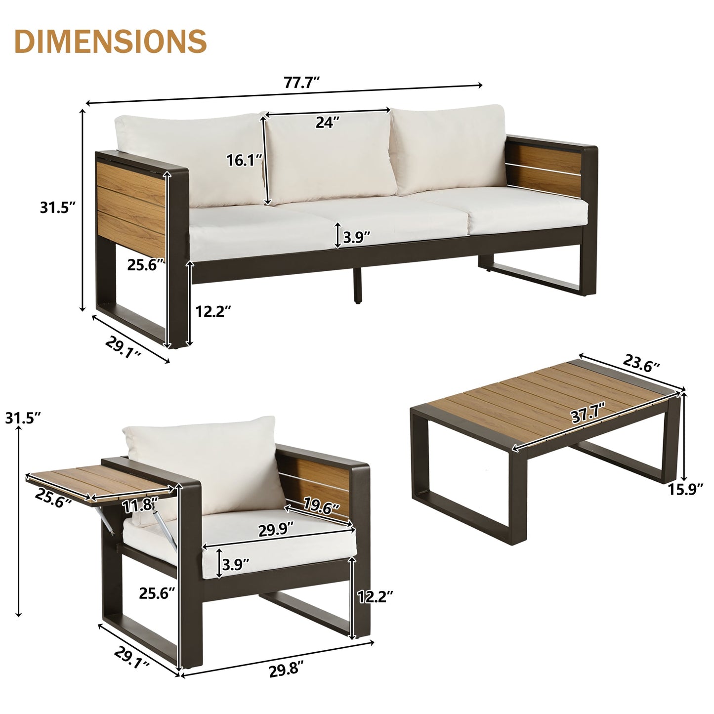 Aluminum Frame Large 4-Piece Outdoor Patio Furniture Set for 5 Person