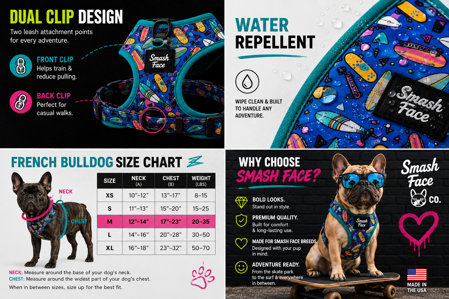 Totally Radical Reversible Dog Harness, Collar & Leash Set | Retro Gamer & Surf Skate Print | French Bulldog Harness
