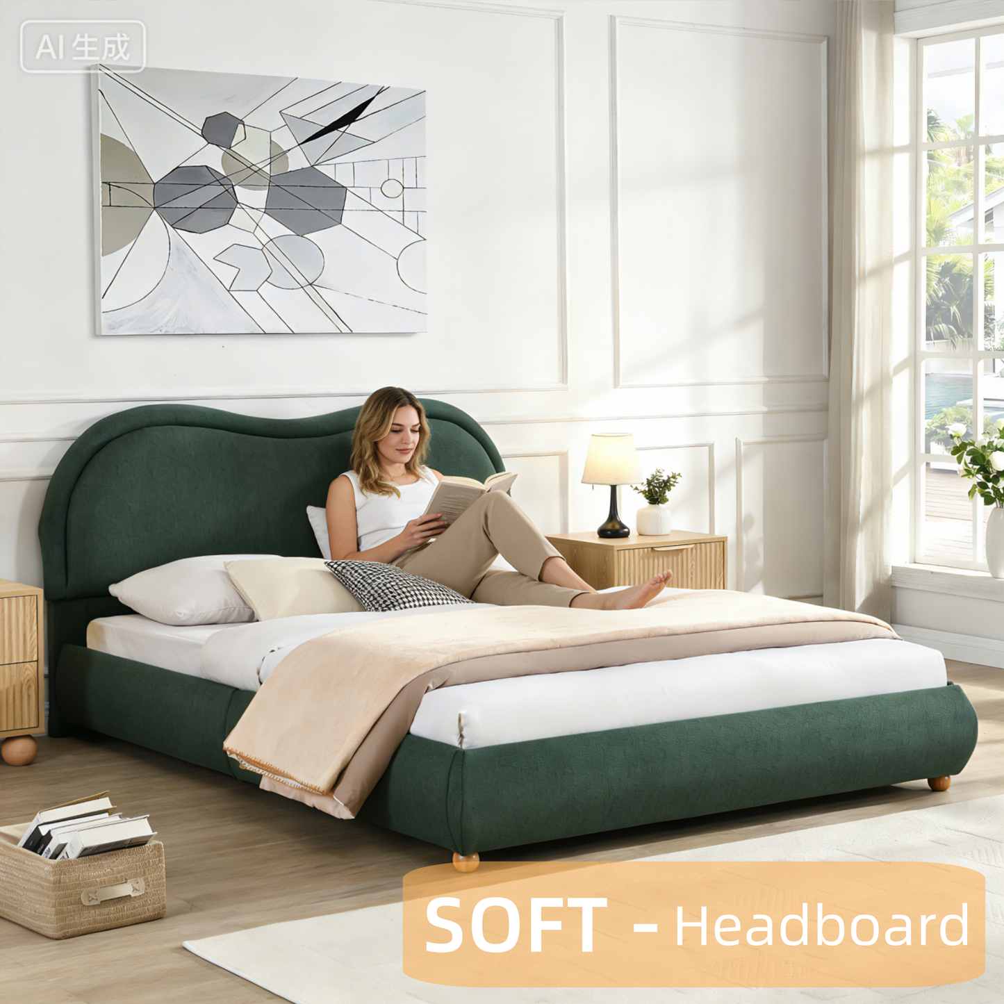 Queen Size Upholstered Platform Bed Frame with Rounded Corners Curved Headboard