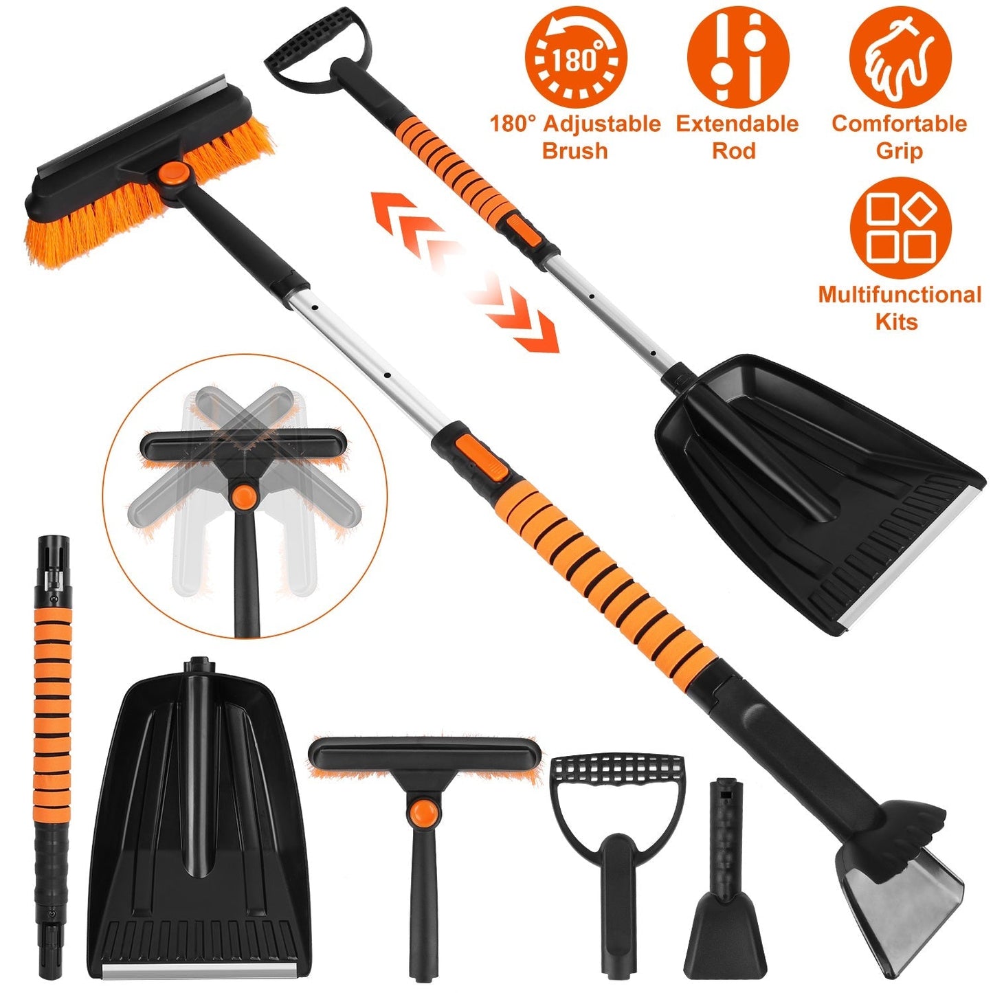 5 in 1 Detachable Snow Remover Kits Extendable Ice Scraper Snow Shovel 180¡ Adjustable Snow Brush Head for Car Windshield Roof