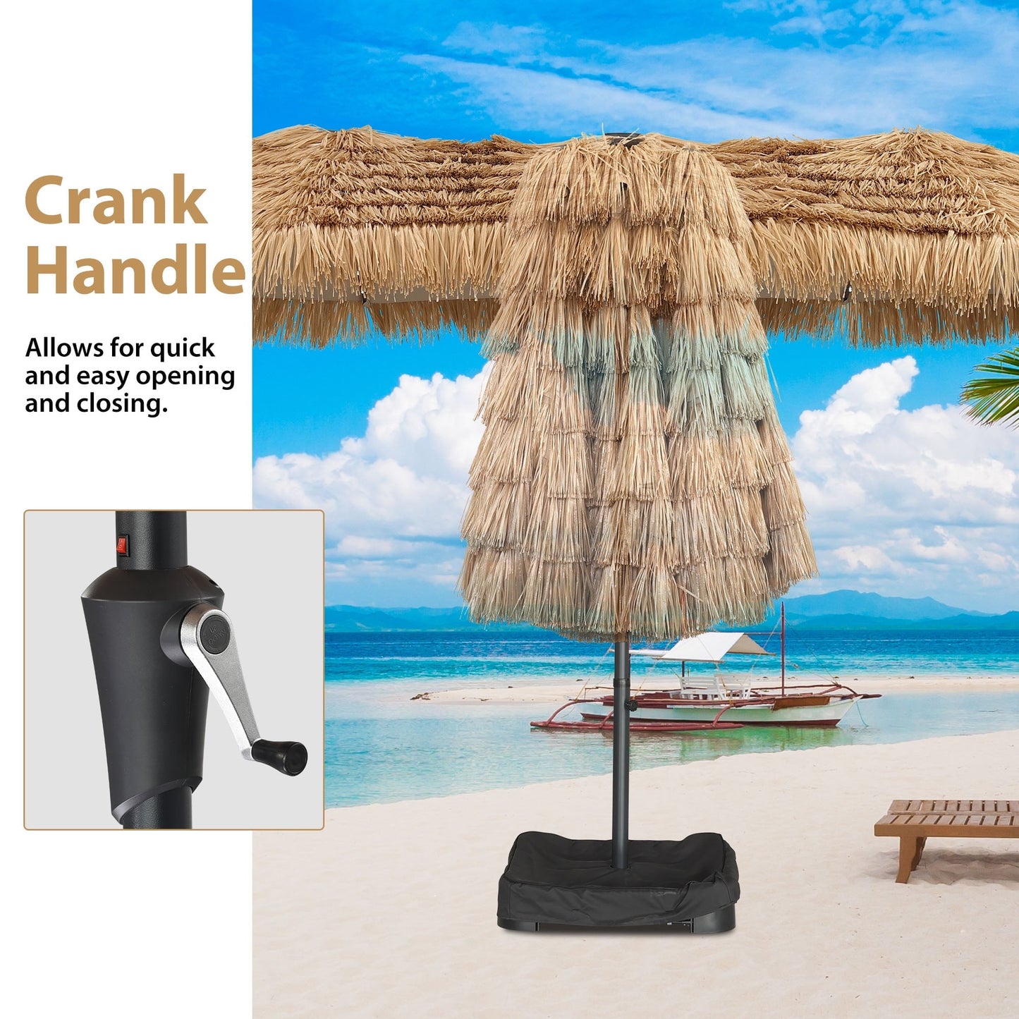 Ainfox 15ft Large Thatched Tiki Patio Umbrella with Lights and Weighted Sandbags, Outdoor Heavy-Duty Double-Sided Rectangle Market Umbrella for Garden, Deck, Backyard, Pool, Beach