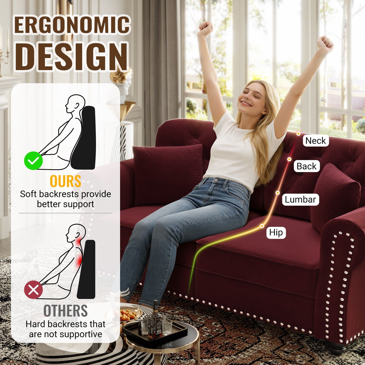 Sofa With Nailhead Trim And Rolled Armrests