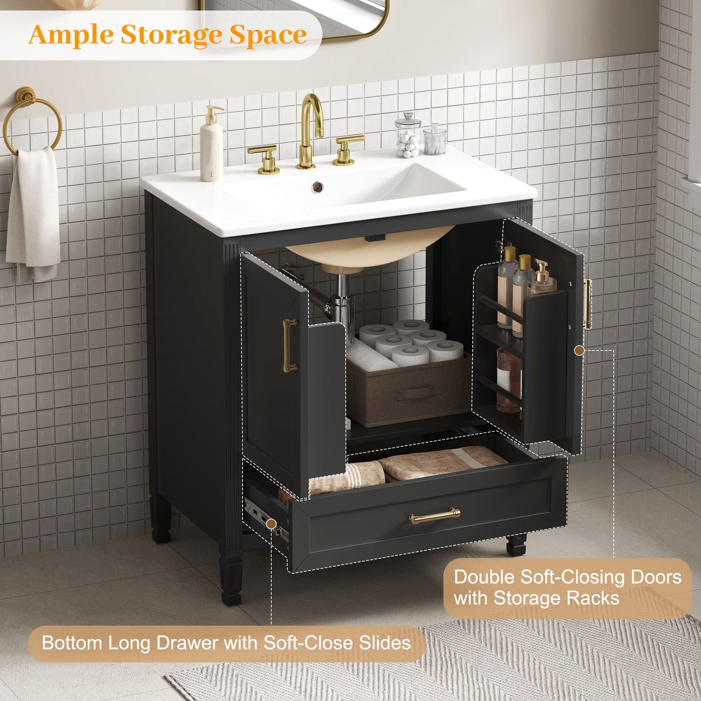 Elegant Fluted Bathroom Vanity With Sink, Soft Close Doors & Drawer