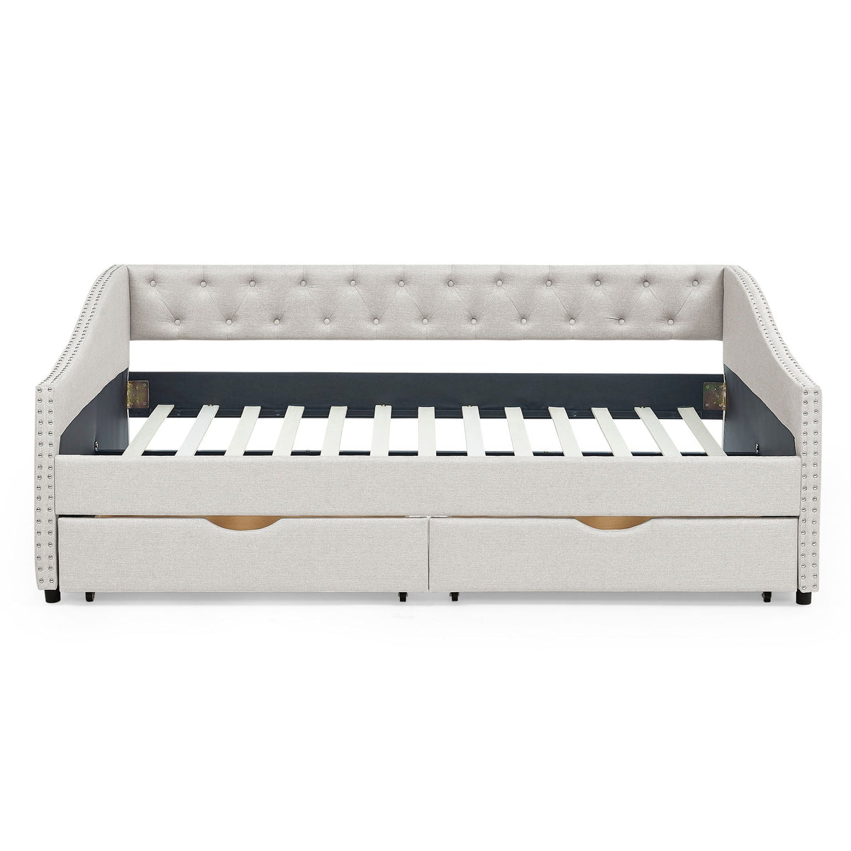 Upholstered Tufted Daybed With Drawers, Waved Arms