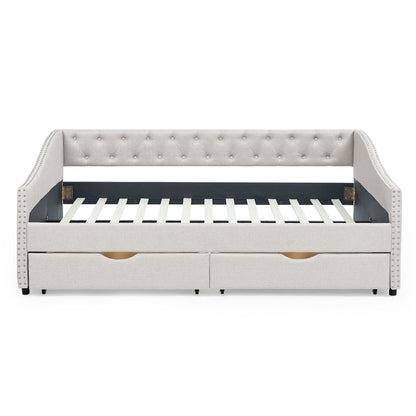 Upholstered Tufted Daybed With Drawers, Waved Arms