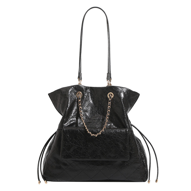 Preppy-style Oil-waxed Leather Quilted Chain Backpack For Women
