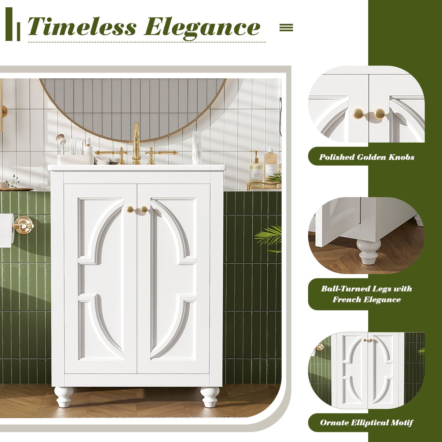 Bathroom Vanity With Ornate Elliptical Motif, Soft Close Hinges