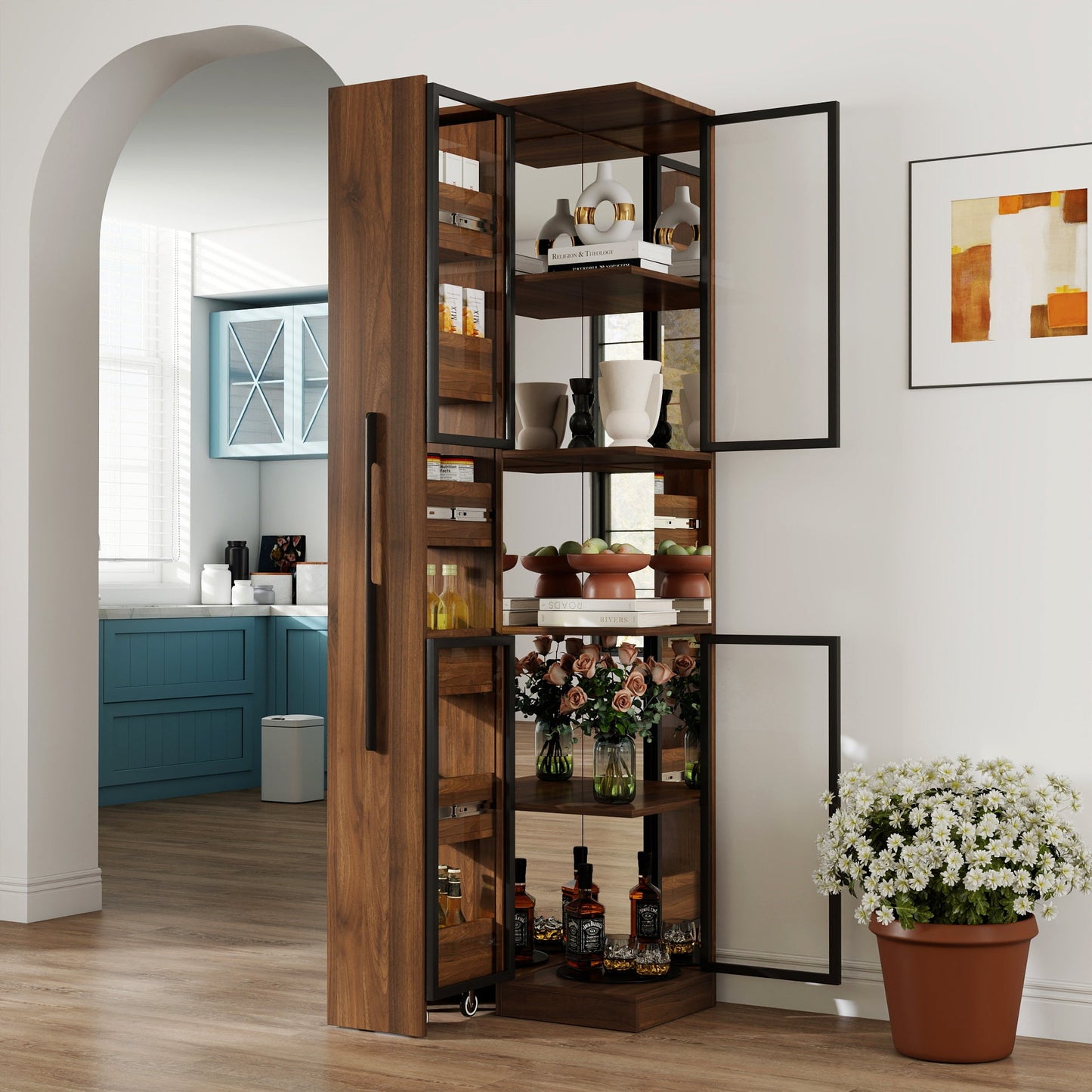 70" Display Cabinet with Glass Doors and Lights, Multi-Tier Storage