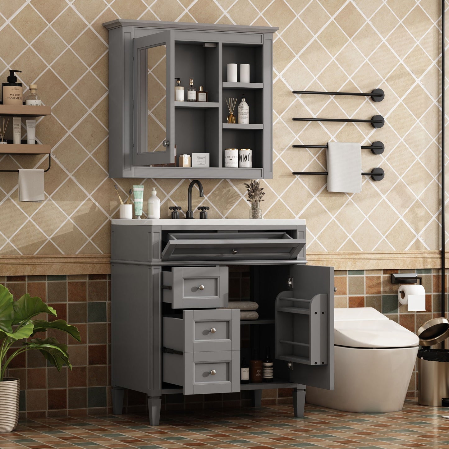 Bathroom Vanity With Medicine Cabinet, Royal Mirror Cabinet, Modern Bathroom Storage Cabinet With 2 Soft Closing Doors And 4 Drawers
