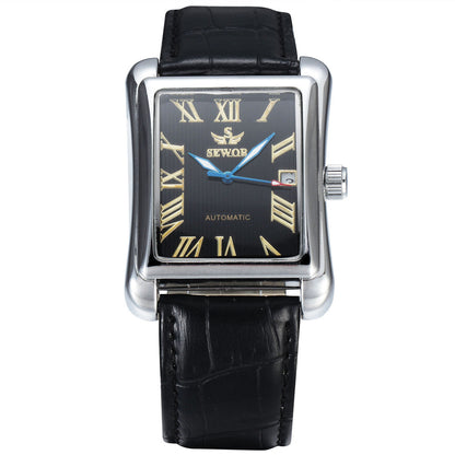 Mens Automatic Mechanical Square-case Leather-strapped Mens Watch Calendar Wristwatch