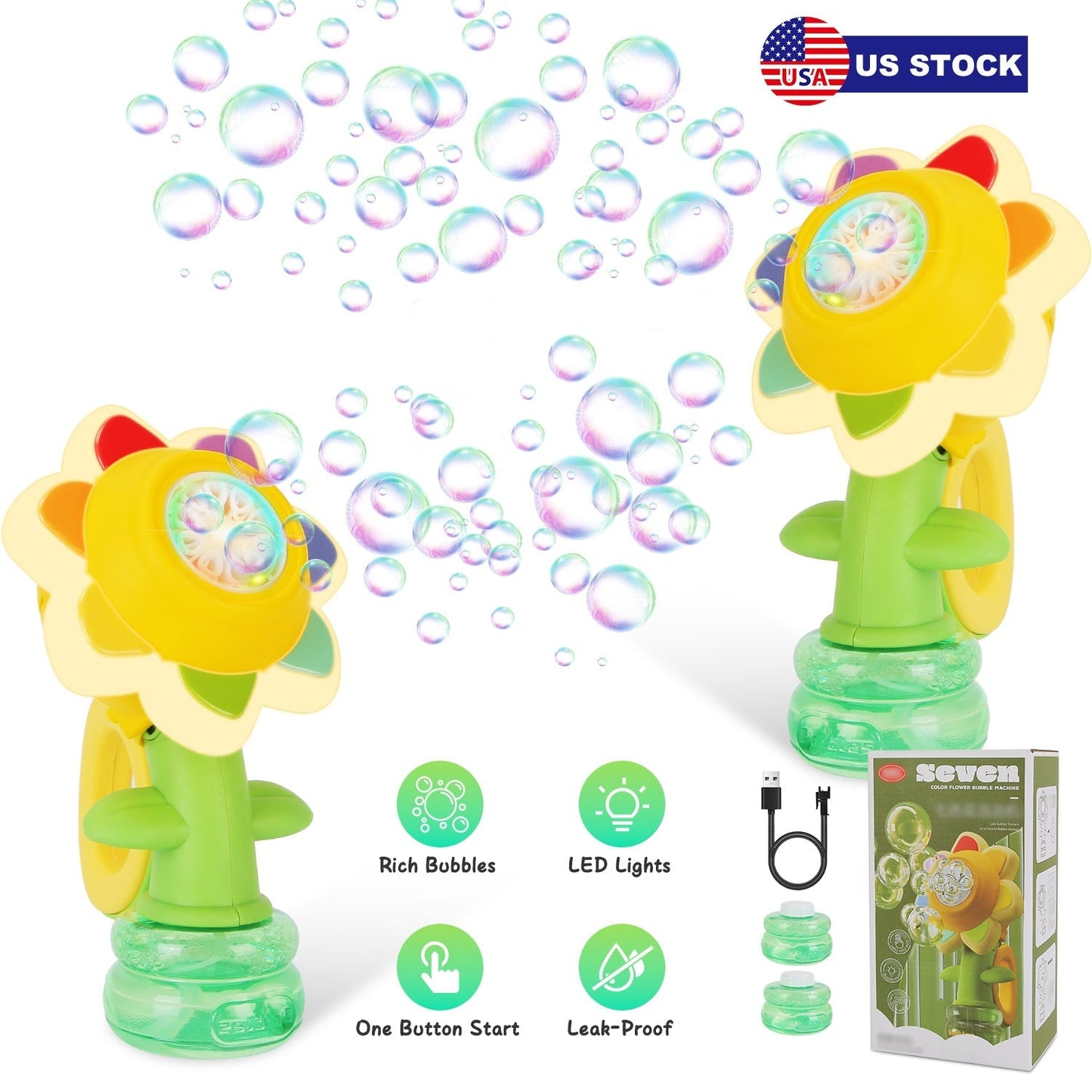 2Pcs Bubble Machines With Lights For Kids Rechargeable Dancing Sunflower Bubble Maker For 4-8Years Old Toddlers Outdoor Summer Play Toy Party Birthday