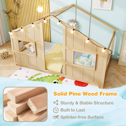 Twin Size House Bed with LED Lights Montessori Slat-free Floor Bed
