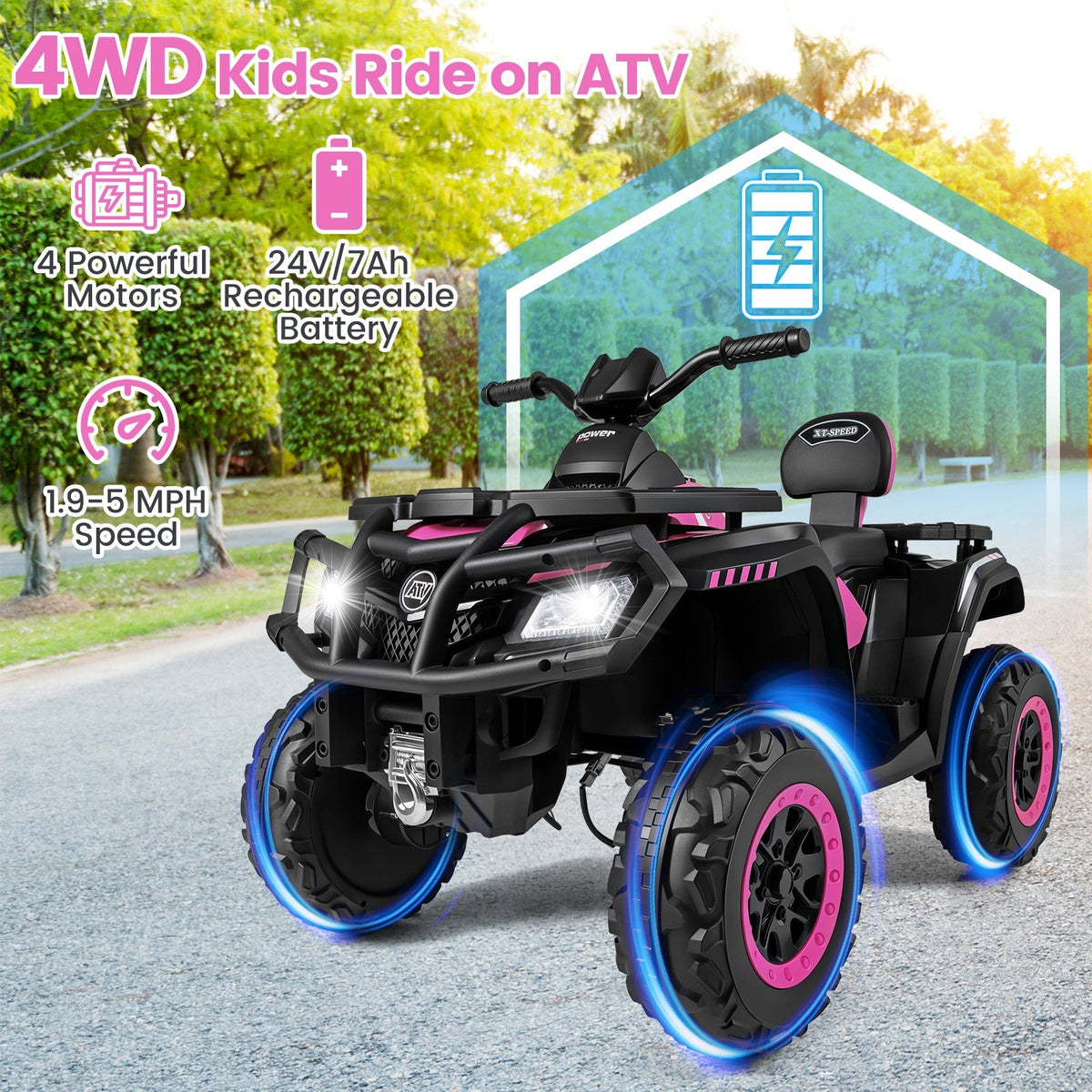 24V Kids ATV 2-Seater with 4 Motors with LED Lights and Music