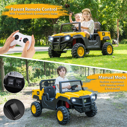 24V Ride On Dump Truck Licensed Caterpillar 2-Seater Kids Car with Remote Control-Yellow