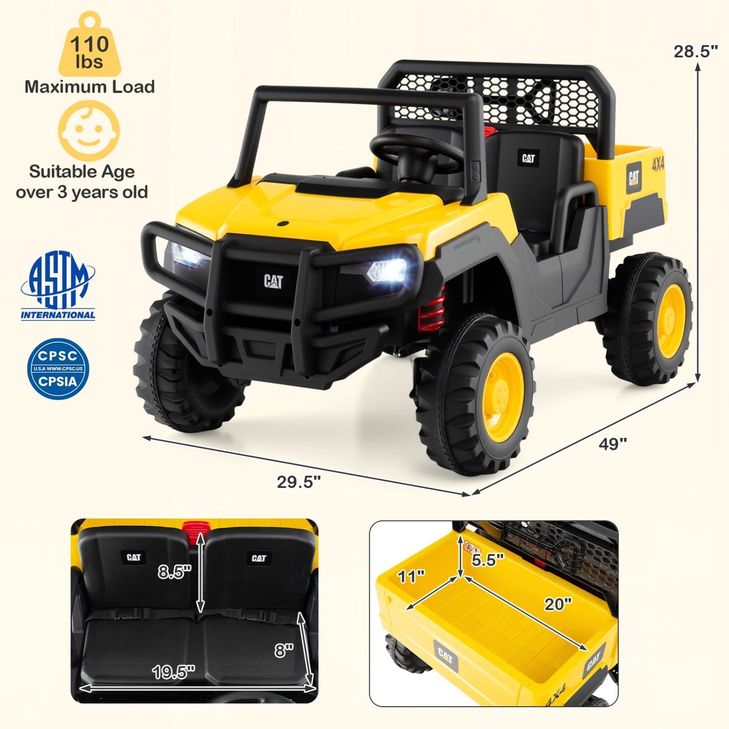 24V Ride-On Dump Truck 2-Seater with Remote Control - Yellow