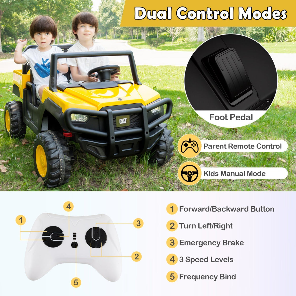 24V Ride-On Dump Truck 2-Seater with Remote Control - Yellow