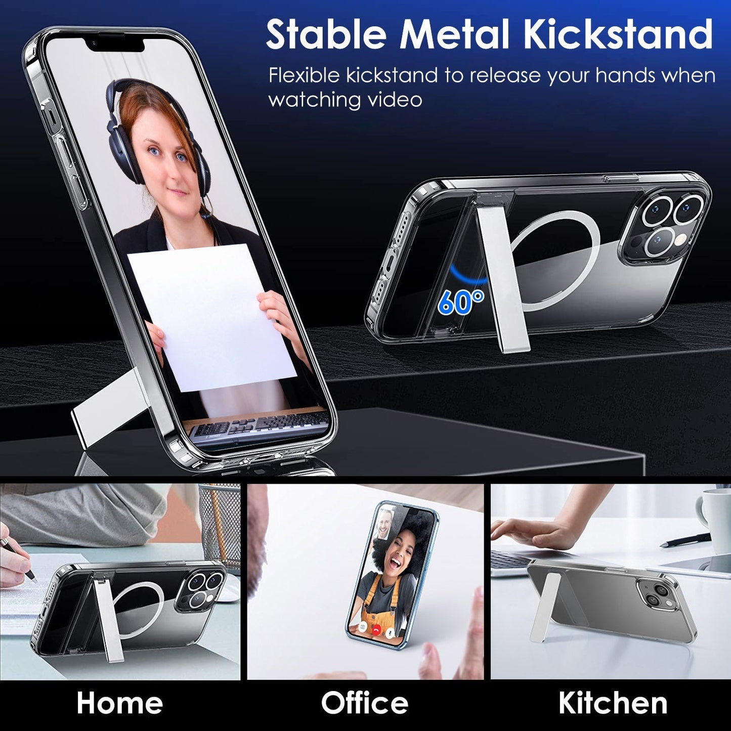 Magnetic Metal Kickstand Clear Case Shockproof Anti Yellowing Phone Cover Compatible with Magsafe Fit for IOS Phone 14