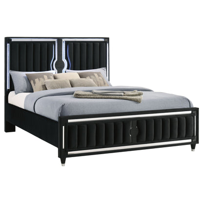 Ravenne Velvet Upholstered Eastern King LED Panel Bed Black