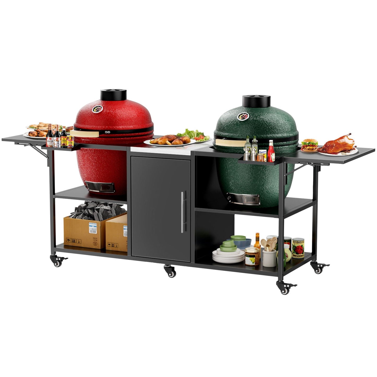 Outdoor Grill Cart For 2 Big Egg - Black / Silver