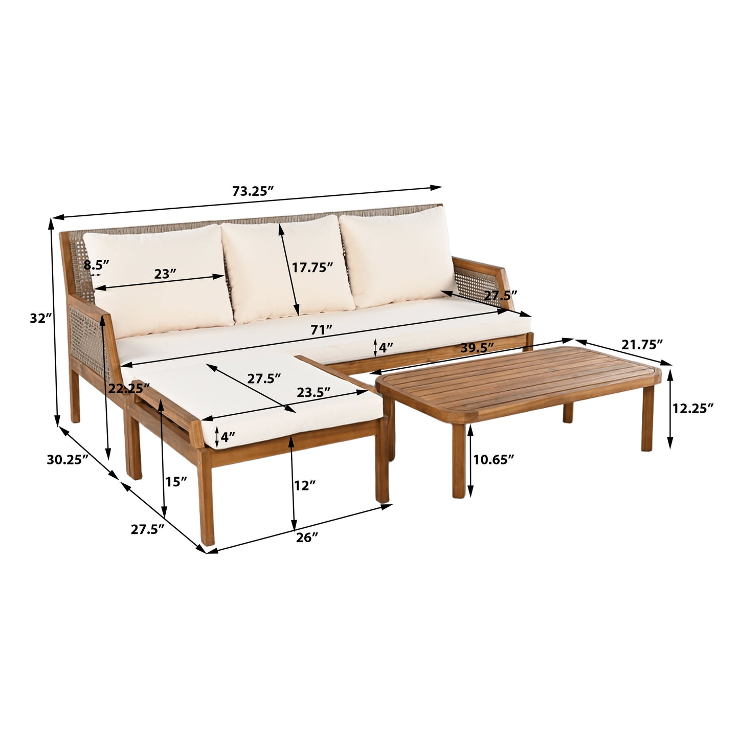 3 Piece Acacia Wood Patio Furniture Set with Coffee Table