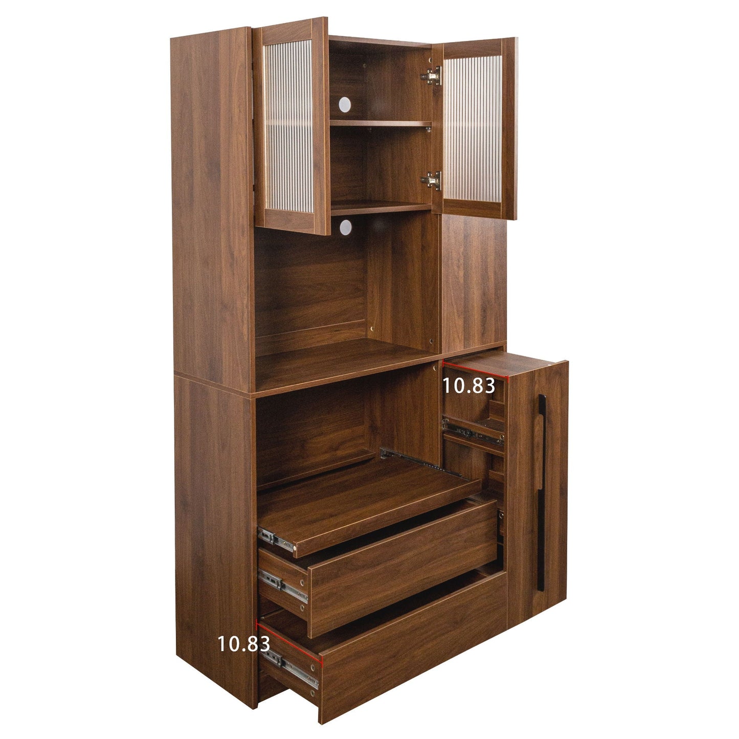 Tall Kitchen Pantry Cabinet With 4 Tier Side Shelf, 2 Drawers, Freestanding Food Hutch With Microwave Stand For Dining Room - Walnut