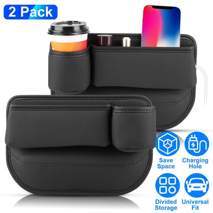 2 Pack Car Seat Gap Filler Organizer Car Leather Cup Holder Gap Bag Universal Car Seat Storage Black for Placing Keys Cards Phones Drinks Lipstick