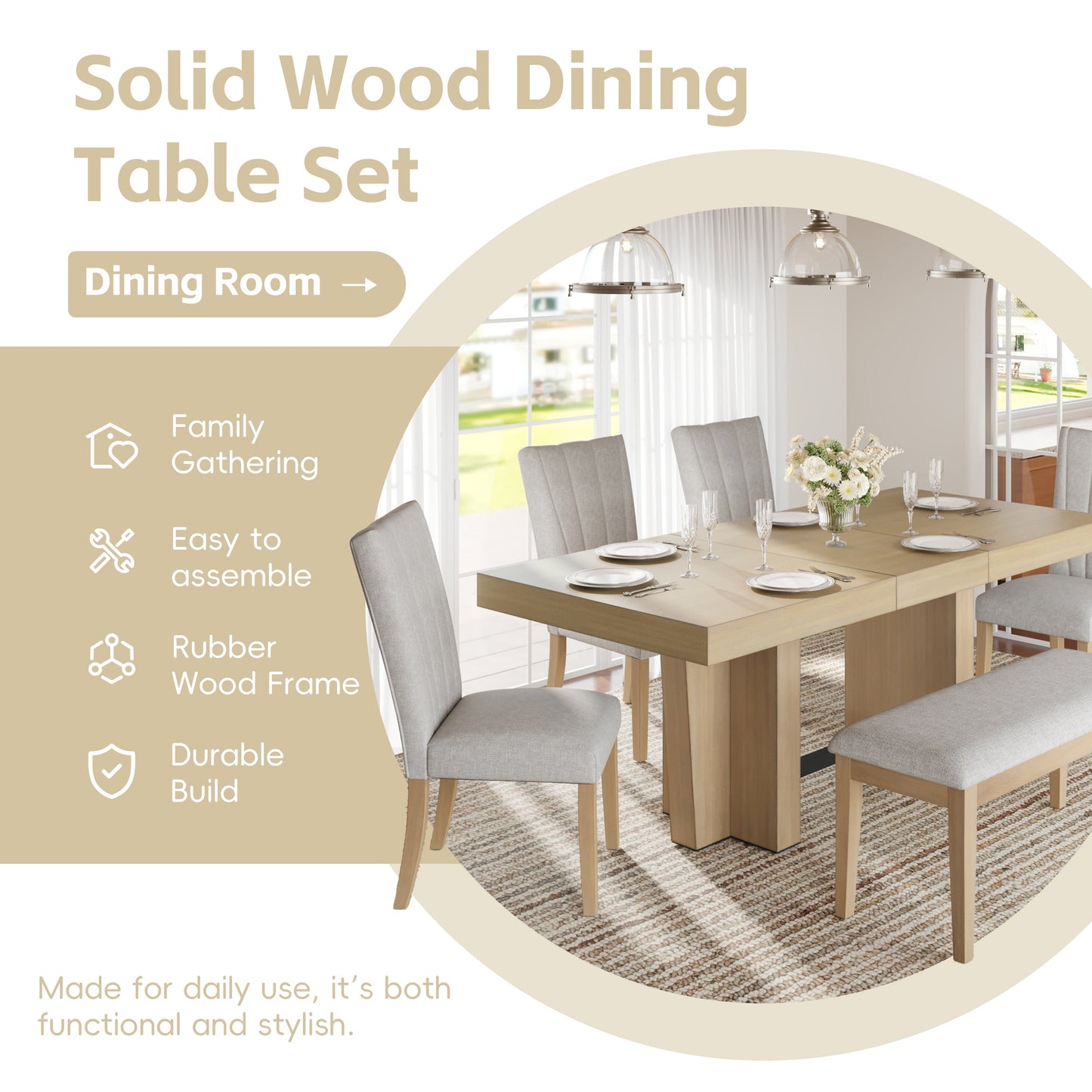 TOPMAX Farmhouse Extendable Wood Dining Table Set for 6