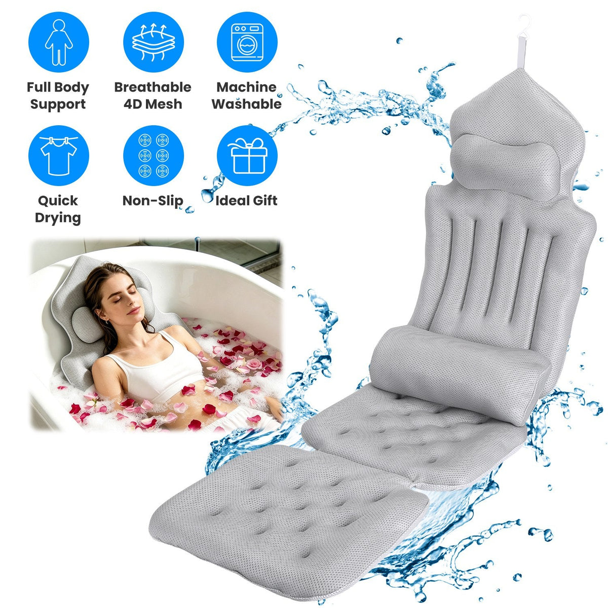 Full Body Bath Pillow with Lumbar Support & Suction Cups