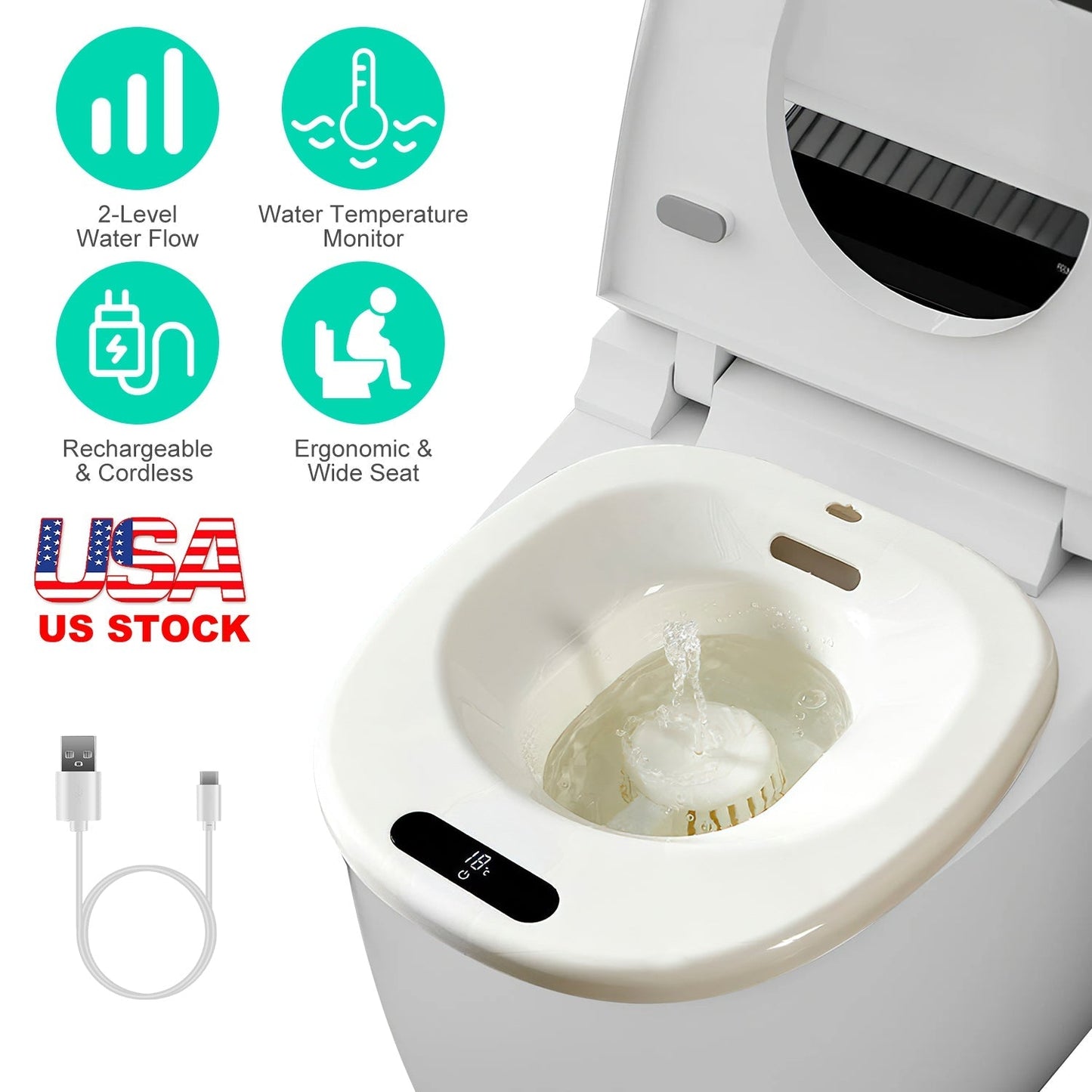 Electric Sitz Bath Tub Sits Bath Soak Pan Salts BowlÊPostpartum Care Basin for Toilet Seat with 2-Level Water Flow Water Temperature DisplayÊ1500mAh B
