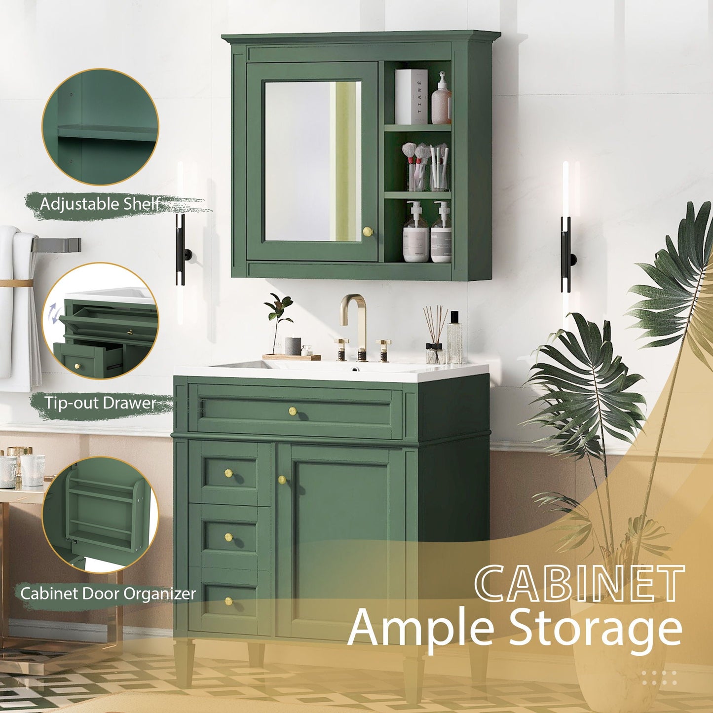 Bathroom Vanity With Medicine Cabinet, Royal Mirror Cabinet, Modern Bathroom Storage Cabinet With 2 Soft Closing Doors And 4 Drawers