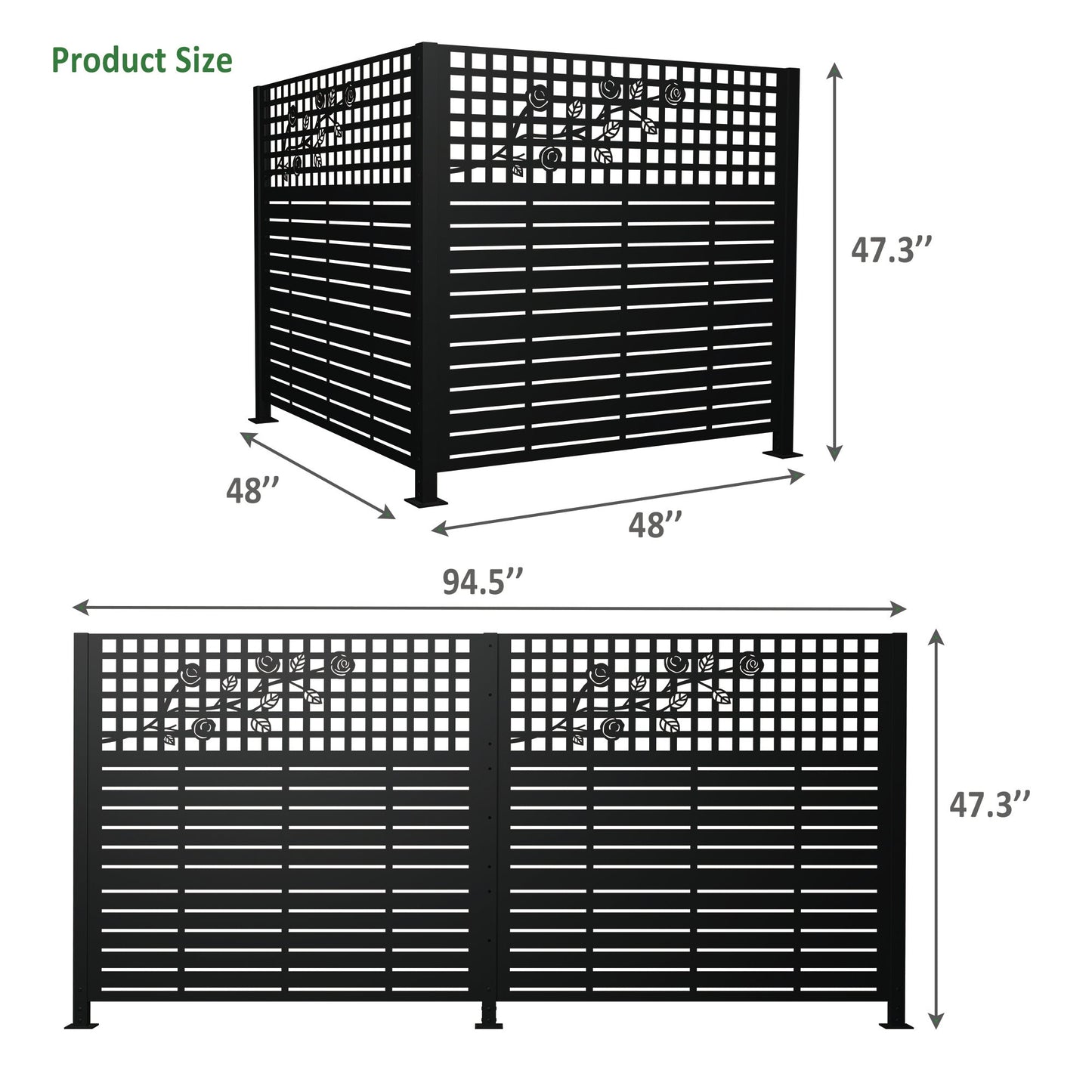 W48" x H47.3" Metal Privacy Screen with Rose Design