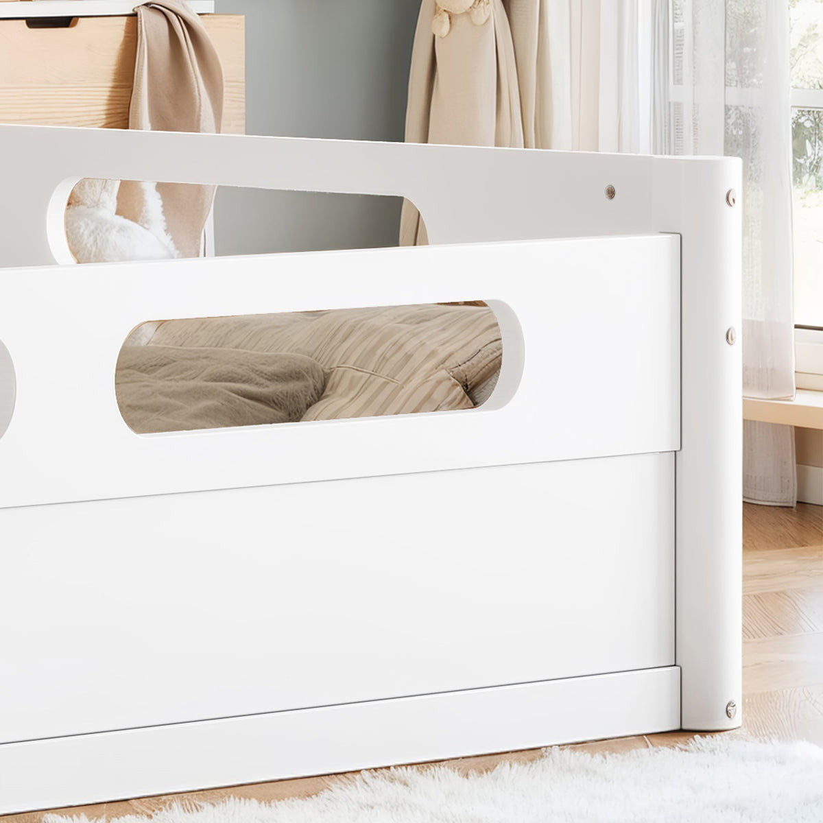 Queen Size Floor Platform Bed with Guardrails
